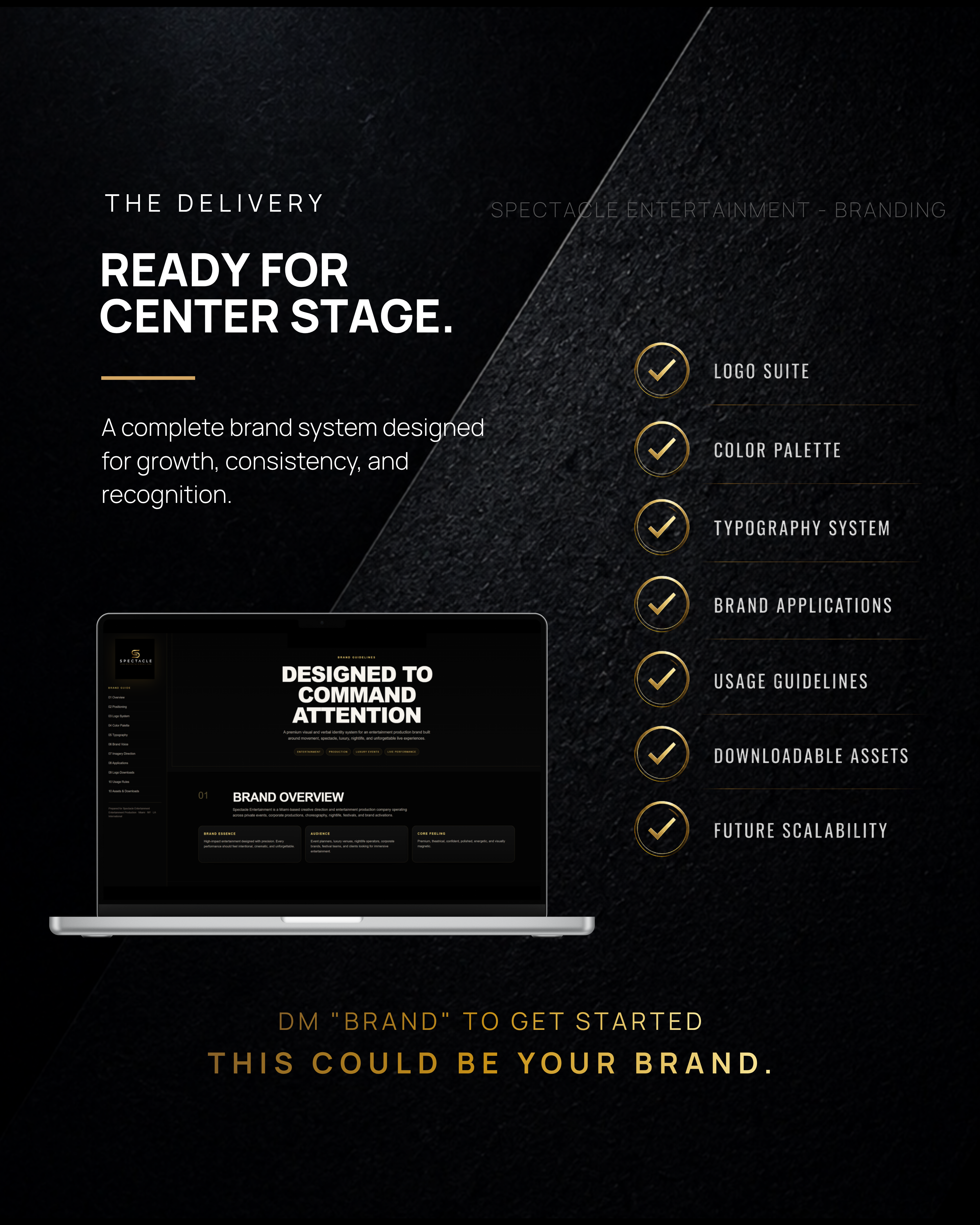 Spectacle Entertainment brand guidelines presentation showing the complete logo, color, typography, applications, usage, and asset system